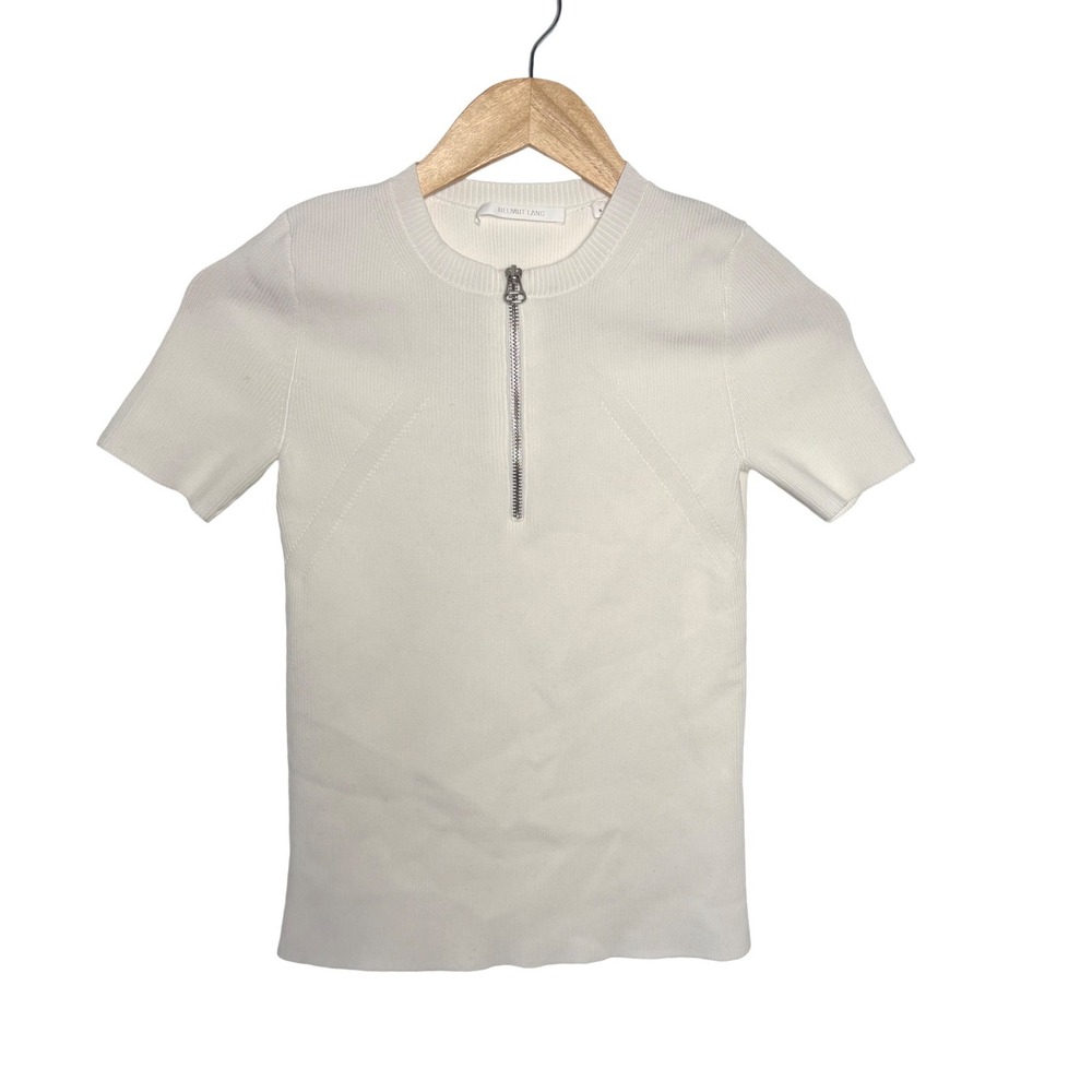 Helmut Lang Top White Ribbed Knit Quarter Zip Short Sleeve S
